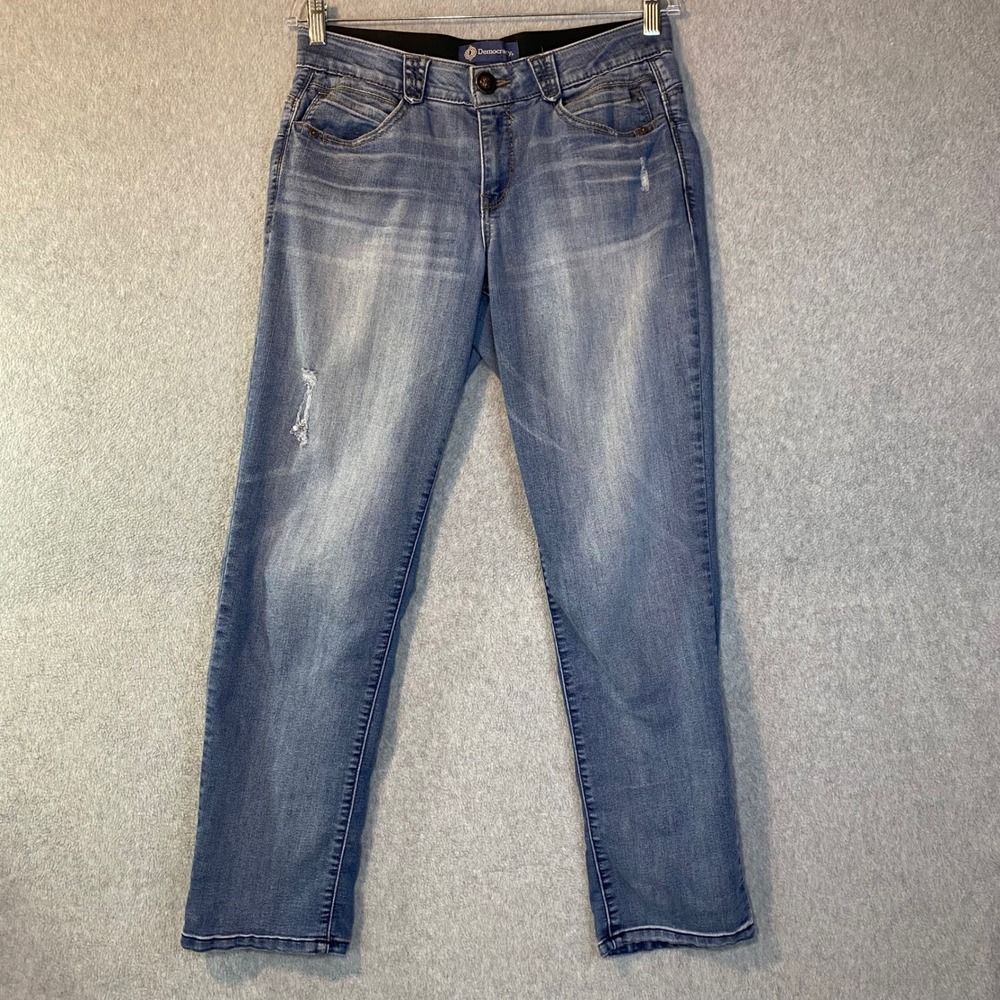 Democracy Ab solution Jeans Women's Size 6P Blue Distressed Straight‎ Leg EUC